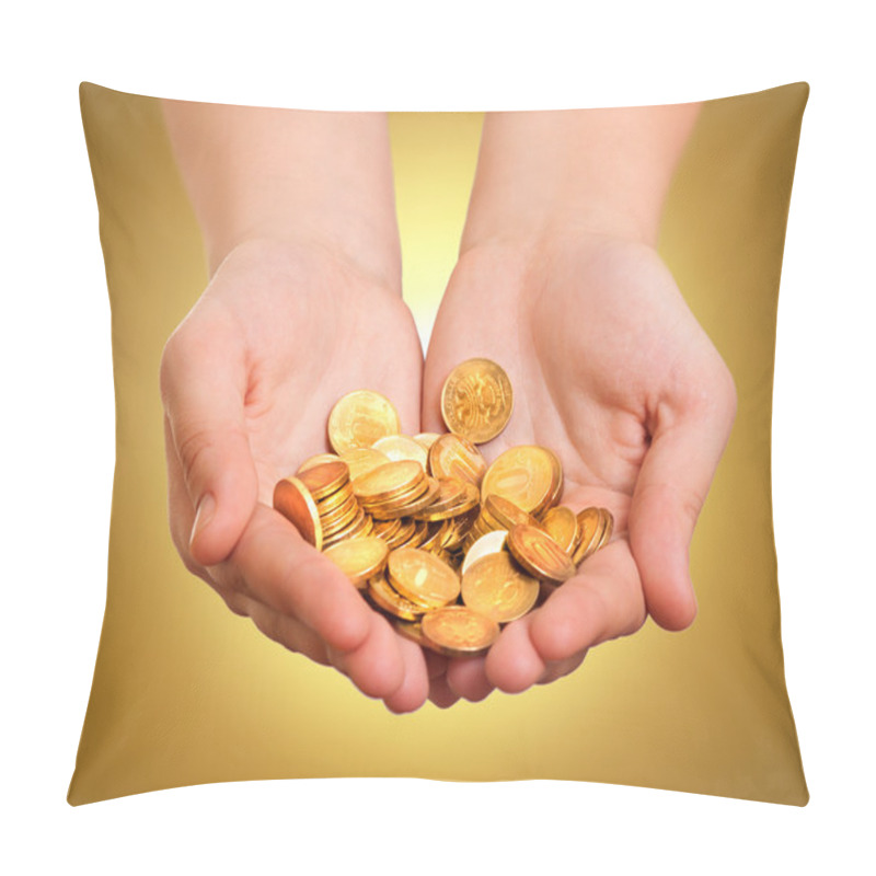 Personality  Hands With Gold Coins On Yellow Background Pillow Covers