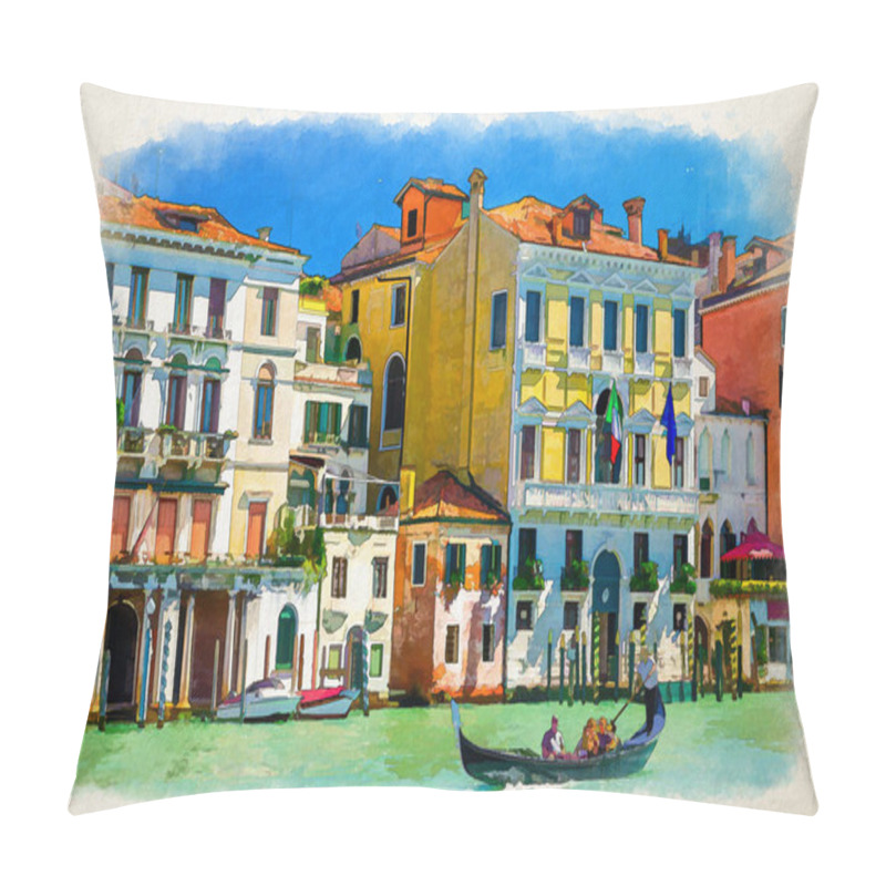 Personality  Watercolor Drawing Of Venice: Gondolier And Tourists On Gondola Traditional Boat Sailing On Water Of Grand Canal Waterway With Venetian Architecture Typical Colorful Buildings Background Pillow Covers