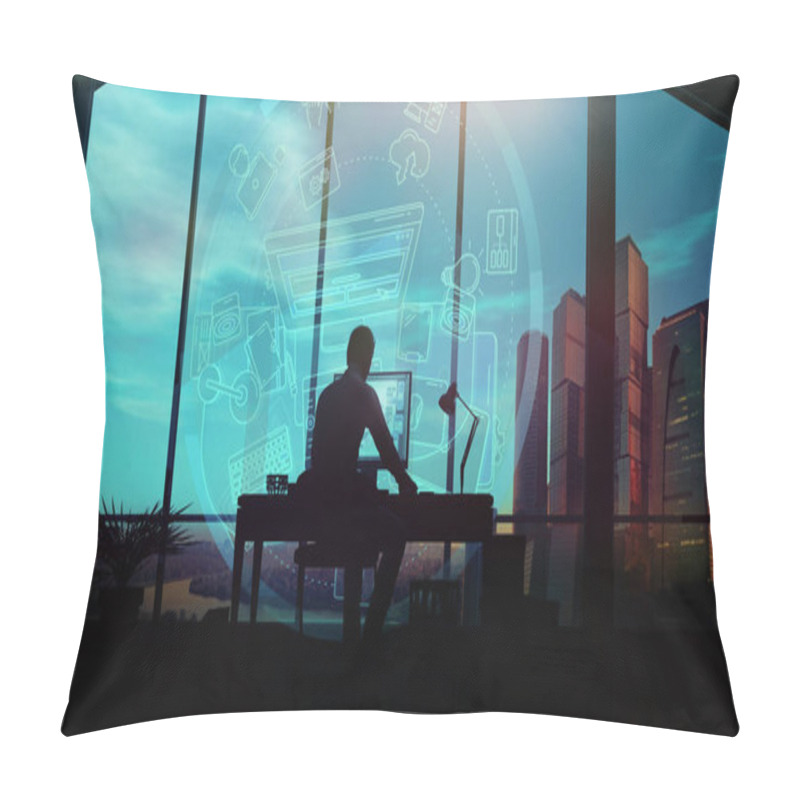 Personality  Silhouette Of A Web Designer Working On Infographic Background. Pillow Covers