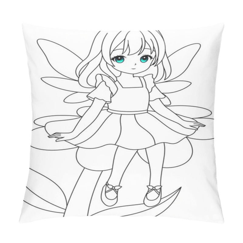 Personality  Cute Kawaii Fairy Sitting On A Flower Isolated On White Background Outline Coloring Page For Kids Pillow Covers