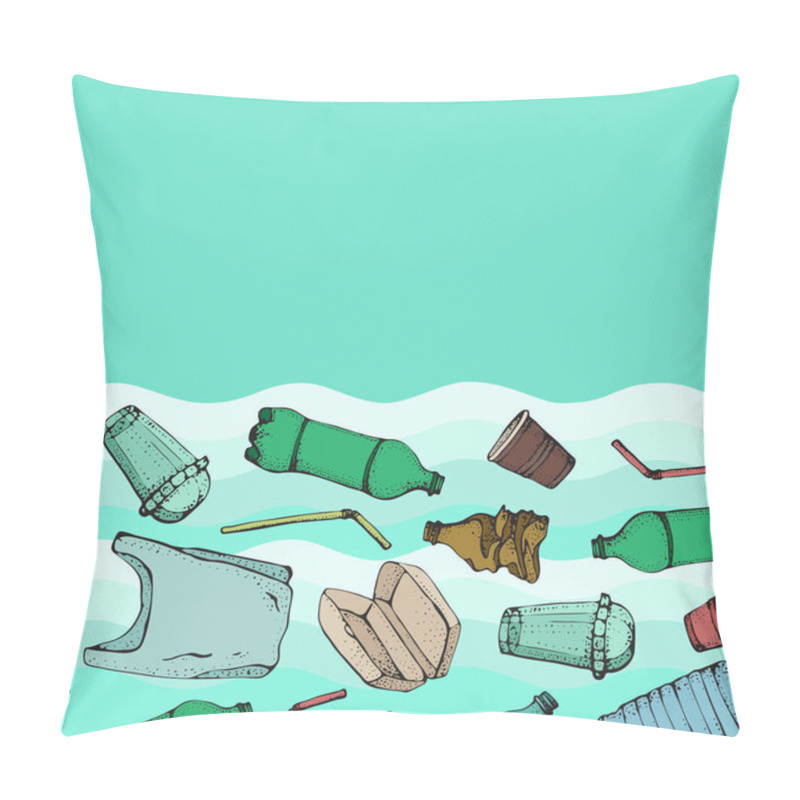 Personality  Plastic Pollution Seamless Pattern. Vector Illustration Hand Drawn Doodle Symbols Collection. Bag, Bottle, Package, Contamination, Disposable Dish, Straw. Plastic Products Recycling. Ocean Pollution Pillow Covers