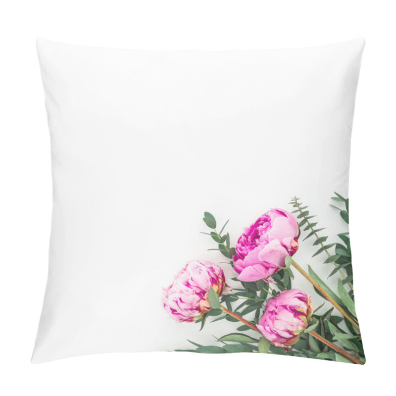 Personality  Floral Bouquet Of Pink Peonies, Hypericum And Eucalyptus Branches On White Background. Flat Lay, Top View Pillow Covers