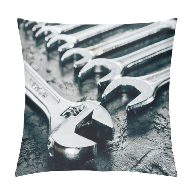 Personality  Close Up View Of Metal Wrenches On Dark Surface Pillow Covers