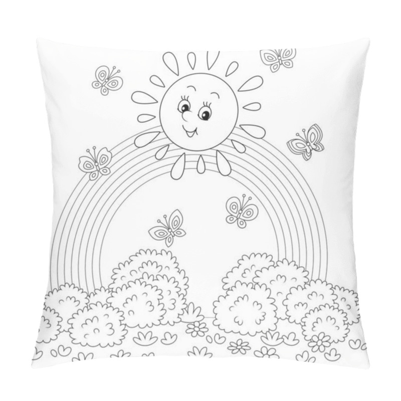 Personality  Friendly Smiling Sun With A Rainbow And Butterflies Merrily Flittering Over A Pretty Field With Flowers And Bushes After Warm Summer Rain, Black And White Outline Vector Cartoon Pillow Covers