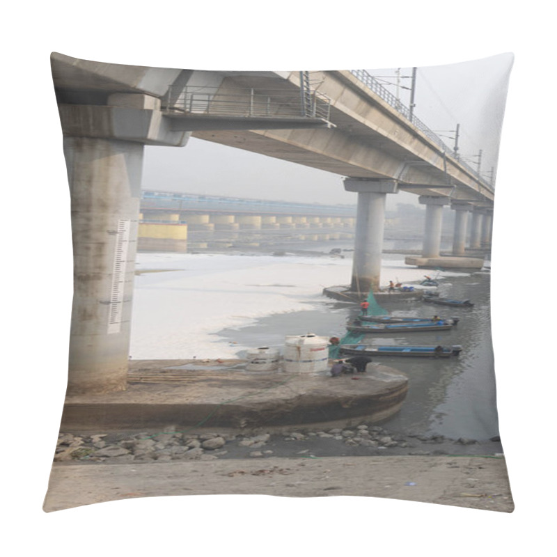 Personality  Modern Road Bridge Spanning Contaminated River With Toxic Foam And Workers Boat At Misty Morning Video Is Taken At Yamuna River Okhla Barrage Delhi India On Nov 04 2024. Pillow Covers