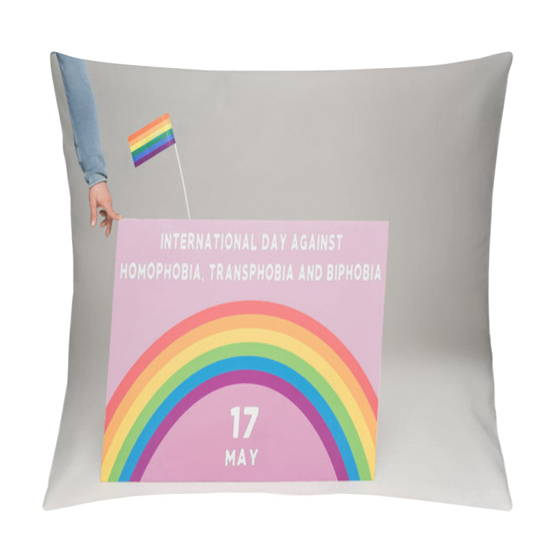 Personality  Cropped View Of Gay Man Near Placard With International Day Against Homophobia, Transphobia And Biphobia Lettering On Grey  Pillow Covers