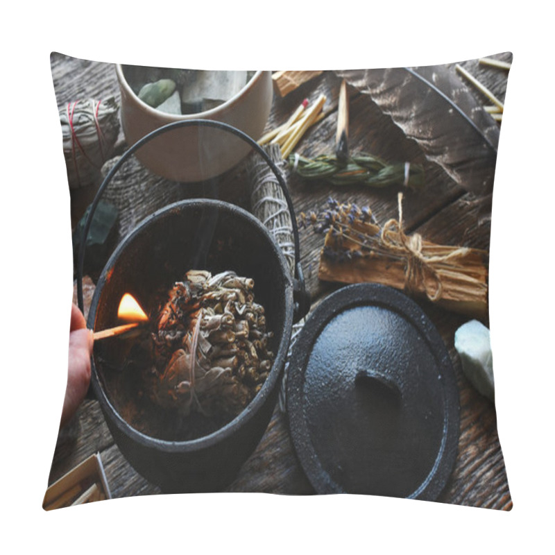 Personality  A Close Up Image Of A Smoldering White Sage Smudge Bundle And Healing Crystal On A Dark Wooden Table.  Pillow Covers