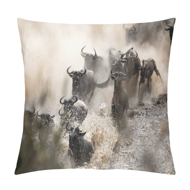 Personality  Wildebeests Crossing The Mara River During The Annual Great Migration. Every Year Millions Will Make The Dangerous Crossing When Migrating Between Tansania And The Masai Mara In Kenya. Pillow Covers