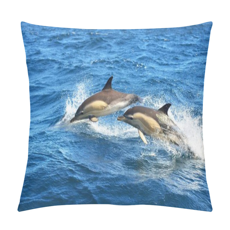 Personality  Two Dolphins Jumping In The Mediterranean Sea On A Clear Day, The Striped Dolphin (Stenella Coeruleoalba) Close-up. Waves And Water Splashes. A View From The Sailing Boat. Spain Pillow Covers