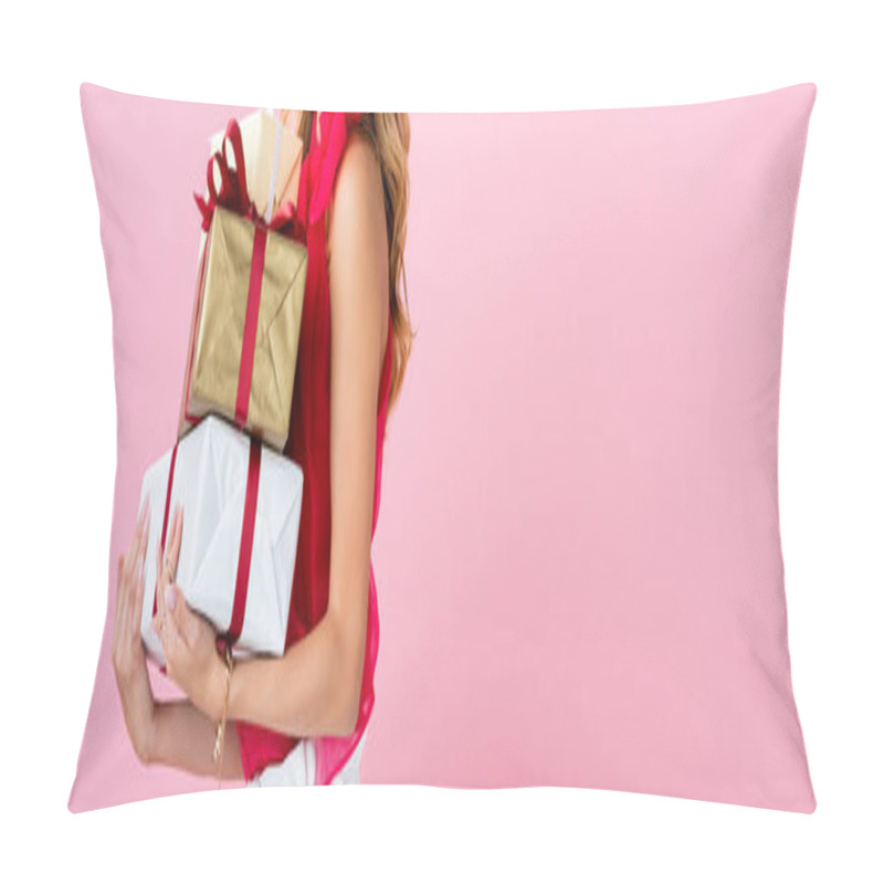 Personality  Cropped View Of Woman With Gifts On Pink Background, Banner Pillow Covers