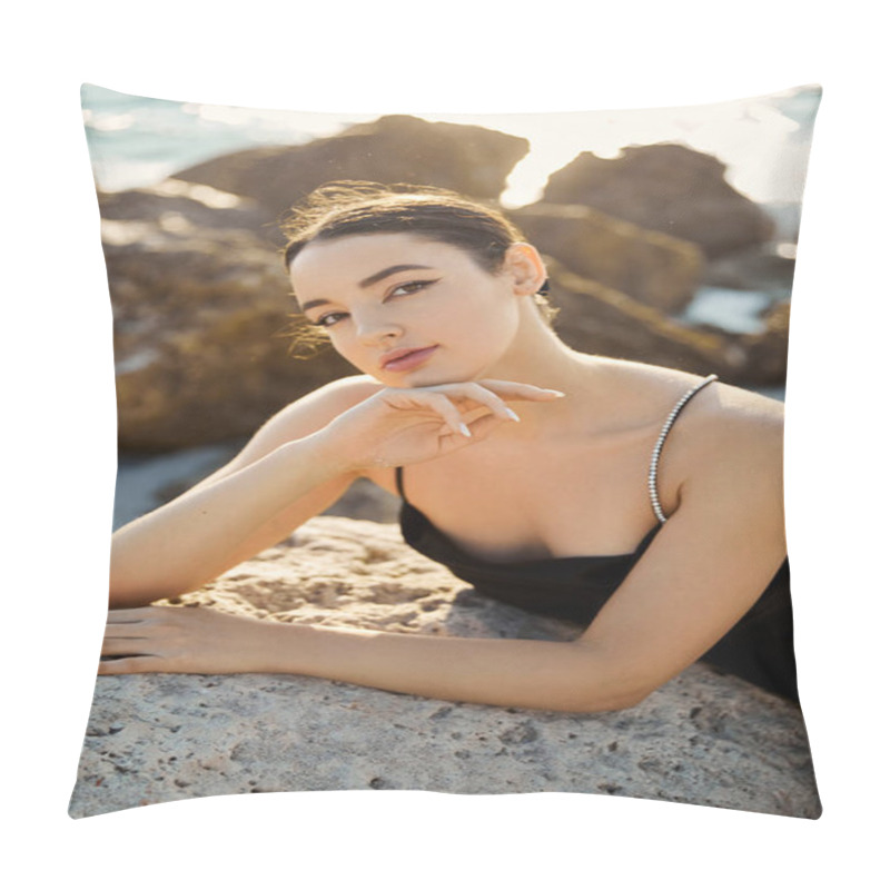 Personality  A Young Woman In A Black Sundress Relaxes On A Rock By The Ocean On Miami Beach. Pillow Covers