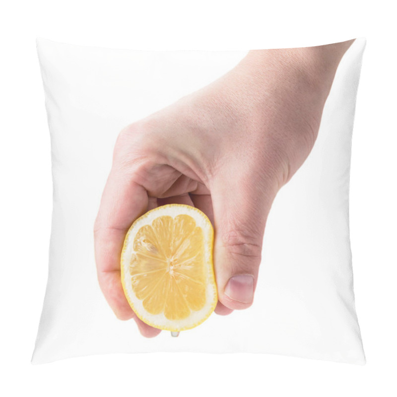 Personality  Male Hand Squeezes Lemon Juice On A White, Isolated. Pillow Covers