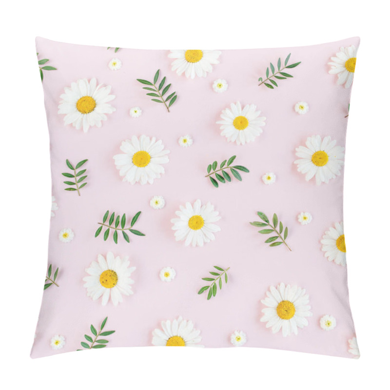 Personality  Pattern Made Of Chamomiles, Petals, Leaves On Pink Background. Flat Lay, Top View Pillow Covers