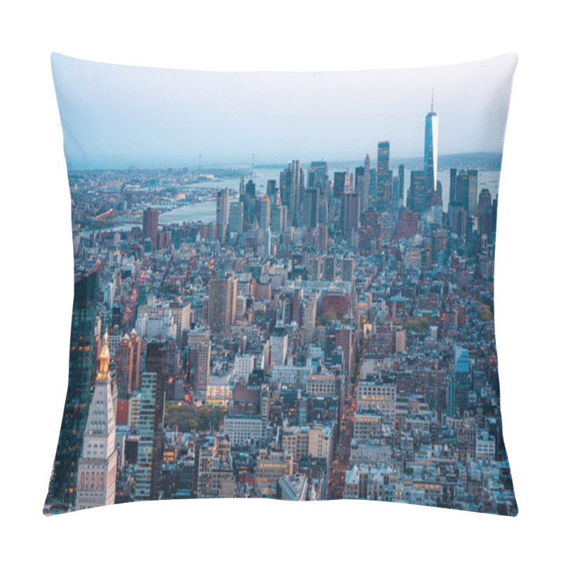 Personality  New York City Midtown Aerial View At Sunset. Helicopter View Over Manhattan Pillow Covers