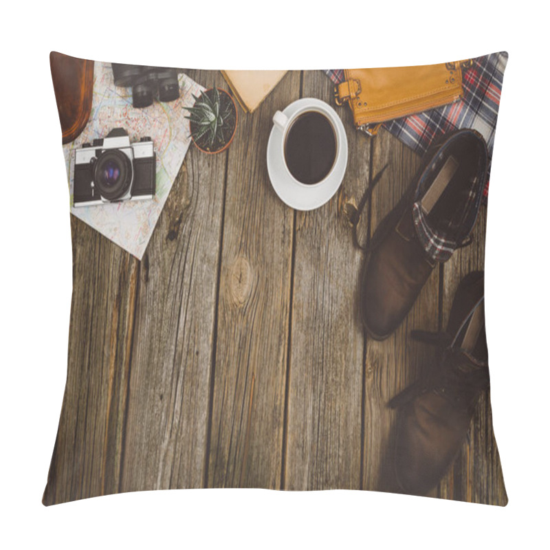 Personality  Travel Accessories Top View On Wooden Background With Copy Space Pillow Covers