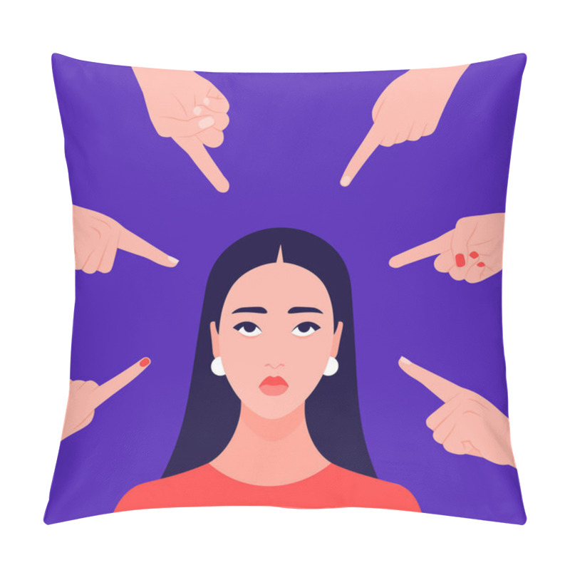 Personality  Hands Of People Point To The Girl. Portrait Of A Non-confident Woman. Opinion And The Pressure Of Society. Shame. Vector Flat Illustration Pillow Covers