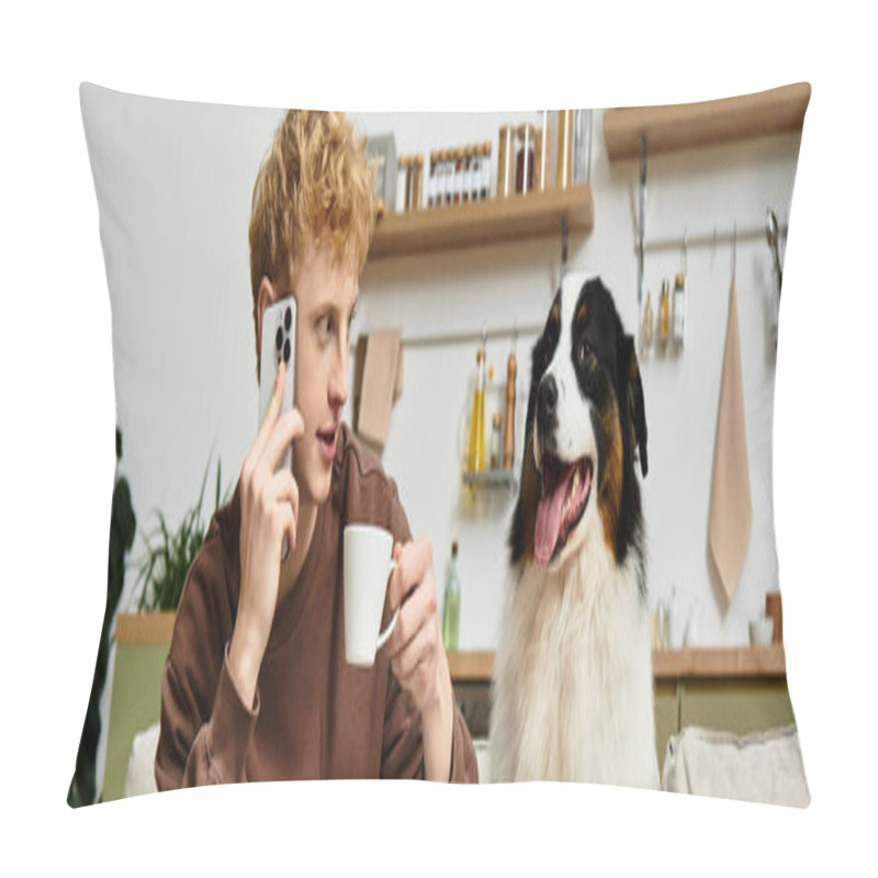 Personality  In A Modern Apartment, A Young Redhead Enjoys A Cozy Moment With His Adorable Australian Shepherd, Banner Pillow Covers