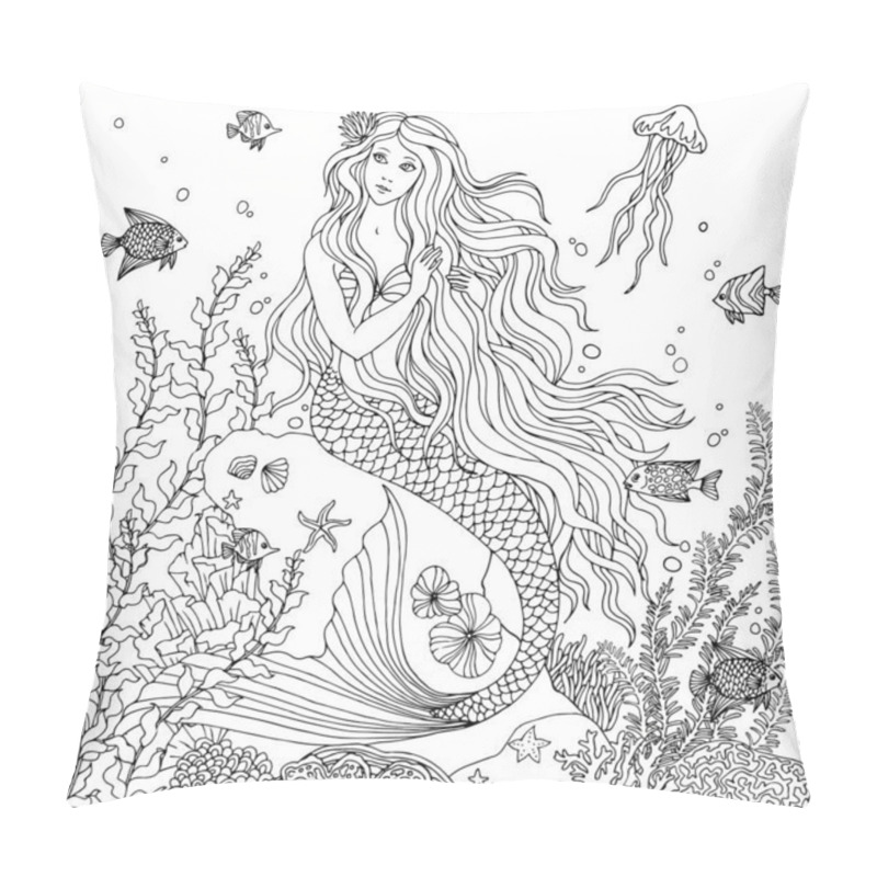 Personality  Mermaid Undersea, Hand Drawn Vector Illustration On A White Background For Coloring Book. Pillow Covers