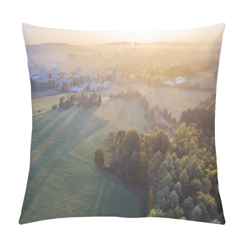 Personality  Aerial View Of Swiss Countryside. Pre-alpine Landscape In Switzerland. Peaceful Farmland In Rural Area. Pillow Covers