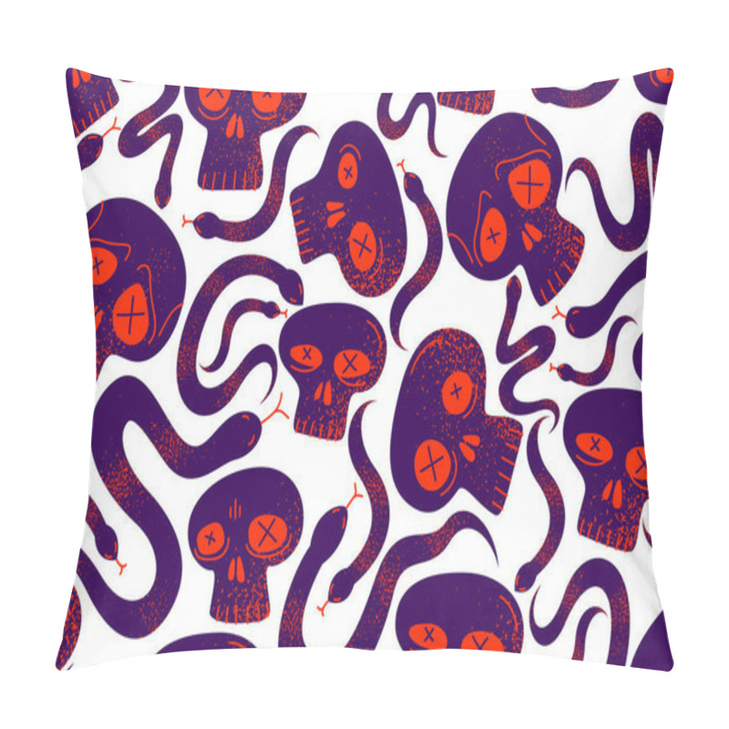 Personality  Skulls And Snakes Seamless Textile Pattern, Horror Sculls And Serpents Endless Wallpaper Background, Cartoon Style, Death And Heavy Metal Culture Music Fashion Theme. Pillow Covers