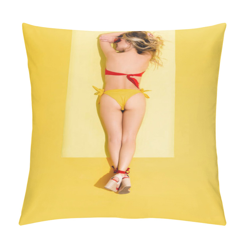 Personality  Top View Of Woman Sunbathing On Beach Mat On Yellow Pillow Covers