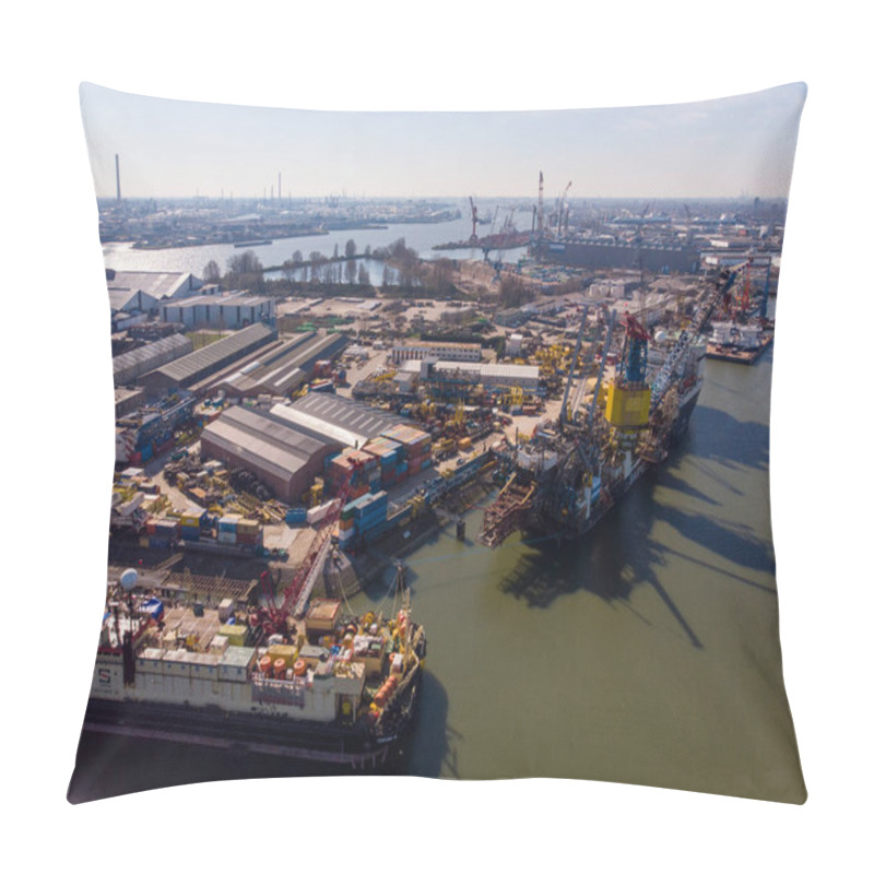 Personality  Schiedam, The Netherlands - MARCH 2020: Aerial Shot Of The Harbour With A Giant Crane Vessel In The Nieuwe Maas From The Quay Of The Voorhaven Of Schiedam Pillow Covers