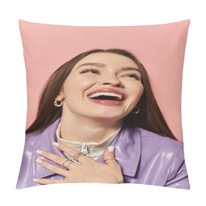 Personality  A Joyful Woman Smiles Brightly In Stylish Attire Against A Pink Background. Pillow Covers