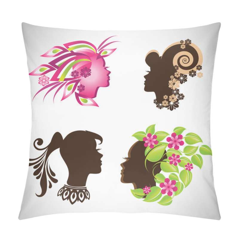 Personality  Vector Illustration Collection Set Of Abstract Beautiful Woman Silhouette In Profile With Colorful Floral Hair, Indian Woman With Tail And Necklace Pillow Covers