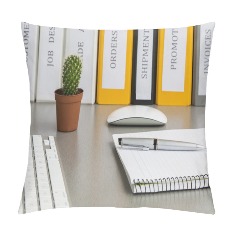 Personality  Office Working Place With Folders, Keyboard, Notepad, Pen And Cactus - Angle View Pillow Covers