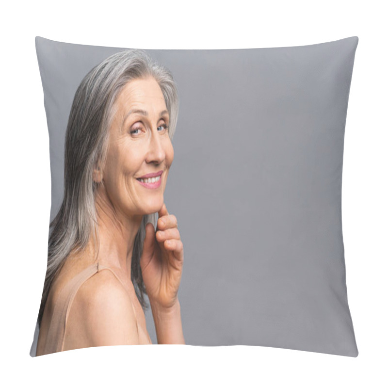 Personality  Joyful Attractive Senior Woman Smiling And Looks At The Camera Pillow Covers