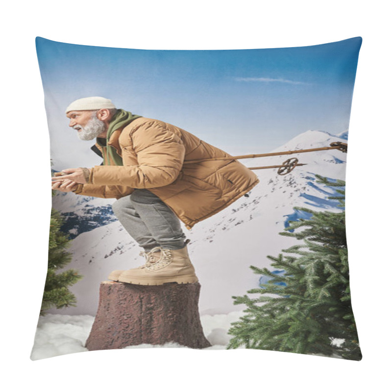 Personality  Athletic Santa Squatting With Ski Poles On Tree Stump With Mountain Backdrop, Winter Concept Pillow Covers