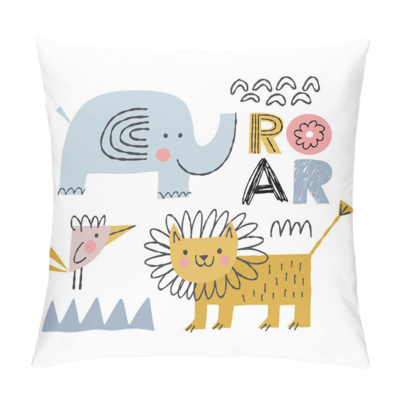 Personality  Kids Print With A Lion, An Elephant And A Bird In A Simple Cartoon Style. African Animals And Text For Printing On Children's Clothes, Textiles, Postcards, Toys. Pillow Covers