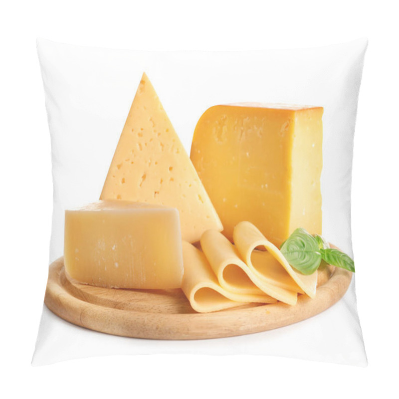 Personality  Wooden Board With Different Kinds Of Cheese And Basil On White Background Pillow Covers