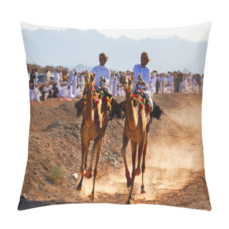 Personality  Oman, January 9, 2021. A Traditional Camel Race Event Is Being Held. Two Camel Riders Race With Each Other As A Huge Crowd Of Omani Local People Spectate The Event. Pillow Covers