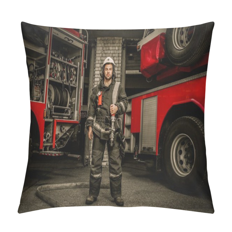 Personality  Firefighter Near Truck With Equipment With Water Water Hose Over Shoulder  Pillow Covers