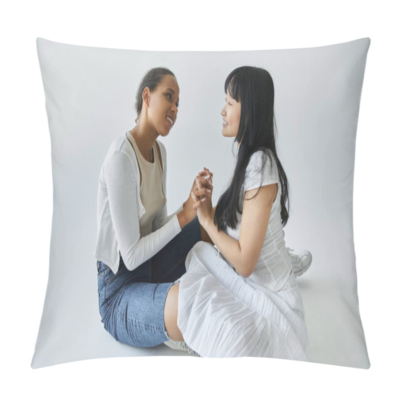 Personality  An Interracial Lesbian Couple Sits On A Grey Background, Holding Hands And Looking At Each Other With Love. Pillow Covers