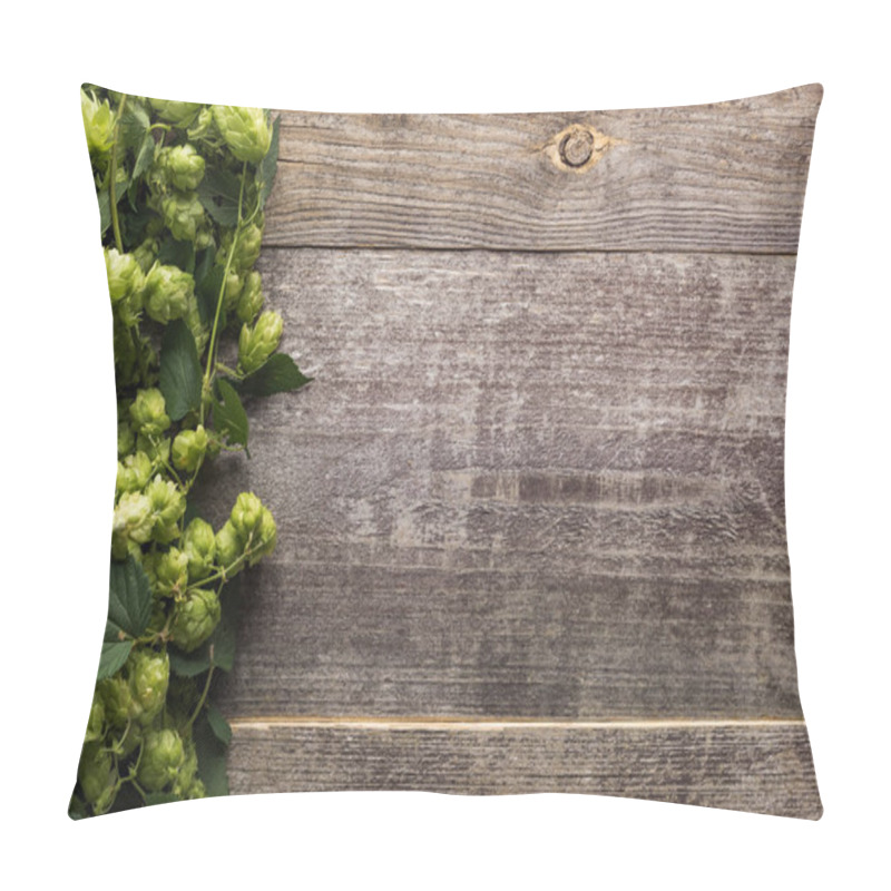 Personality  Top View Of Green Hop On Wooden Background With Copy Space Pillow Covers