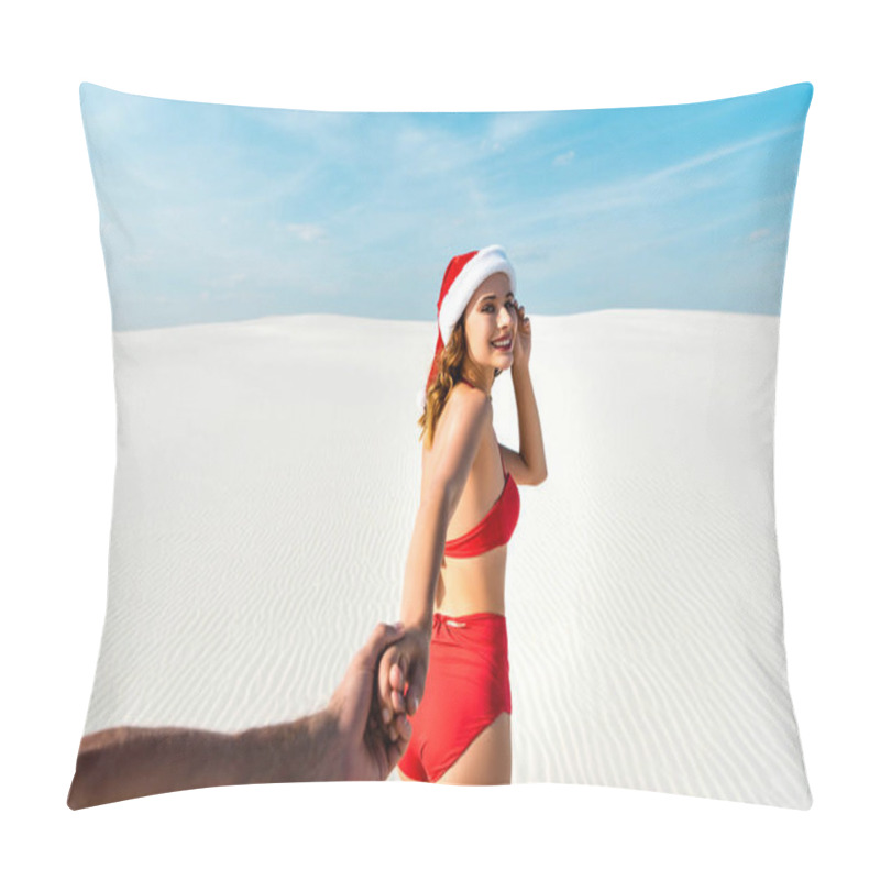 Personality  Cropped View Of Boyfriend Holding Hand Of Sexy Girlfriend In Santa Hat On Beach In Maldives  Pillow Covers