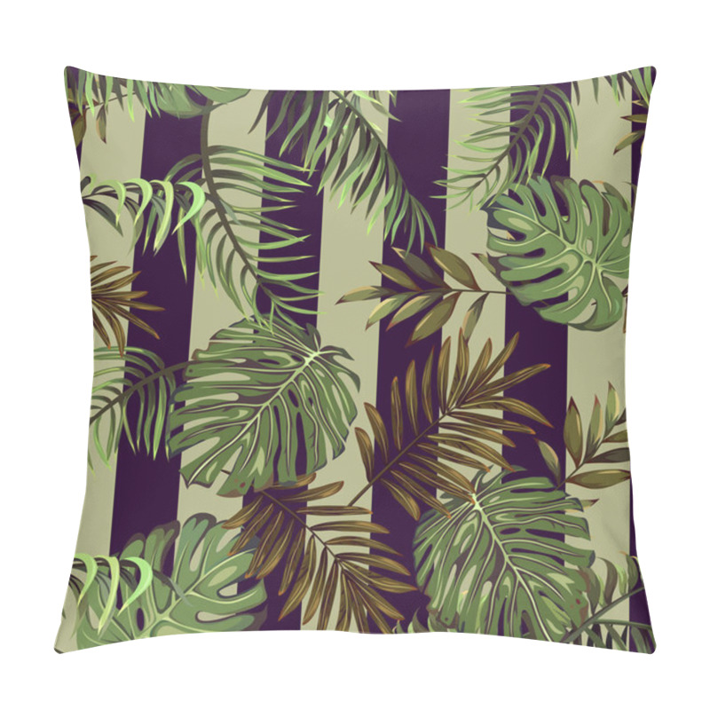 Personality  Seamless Pattern With Leaves Of Tropical And Exotic Plants On A Striped Background Pillow Covers