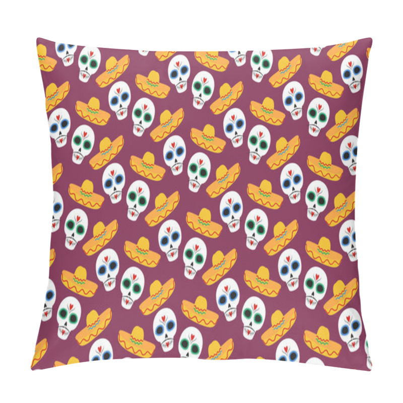 Personality  Skulls With Mustache And Sombrero Seamless Pattern In Trendy Day Of The Dead Shades. Background Idea. Vector Illustration Isolated On White Wrapping, Wallpaper Or Web, Cards, Posters, Banner Backdrop Pillow Covers