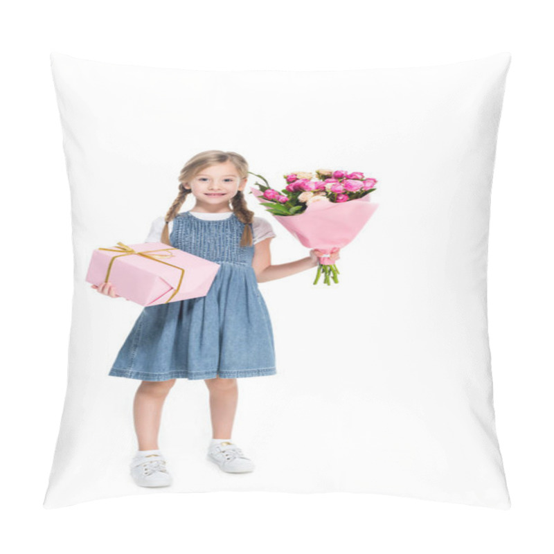 Personality  Adorable Child With Present And Bouquet Of Flowers, Isolated On White Pillow Covers