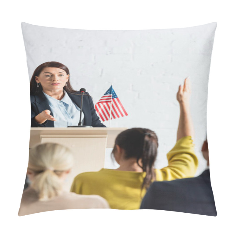 Personality  Speaker Pointing With Hand At Woman With Raised Hand In Conference Hall, Blurred Foreground Pillow Covers