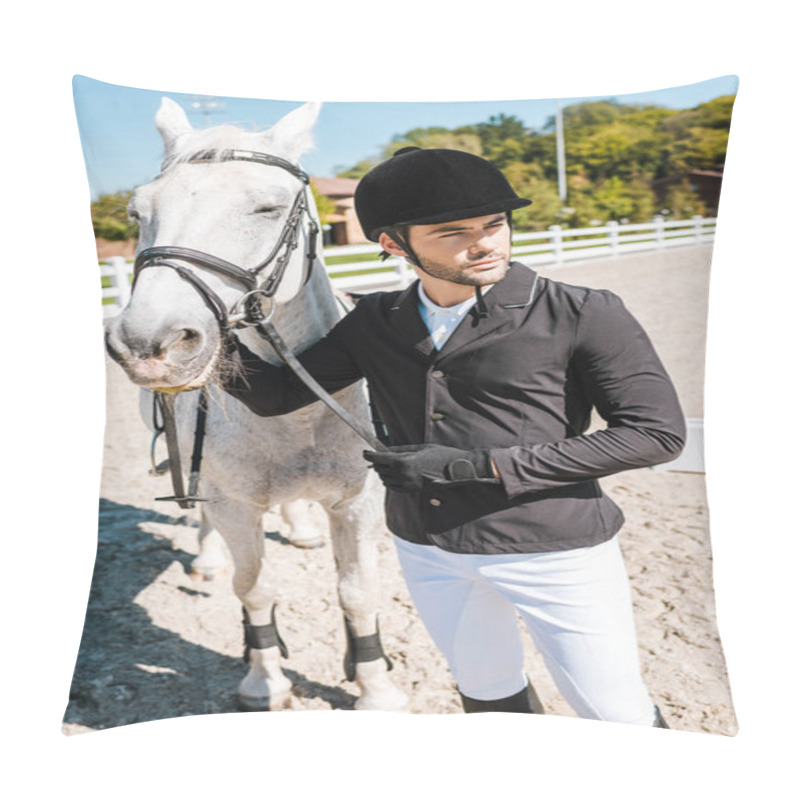 Personality  Handsome Male Equestrian Holding Horse Bridle At Horse Club Pillow Covers