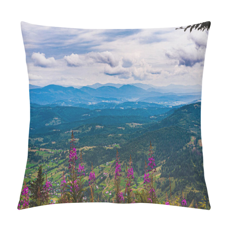 Personality  Cloudy Day In The Carpathians. Mountain View. Forests Grow On The Slopes Of The Mountains. Fireweed Blooms In The Foreground. Copy Space. Pillow Covers