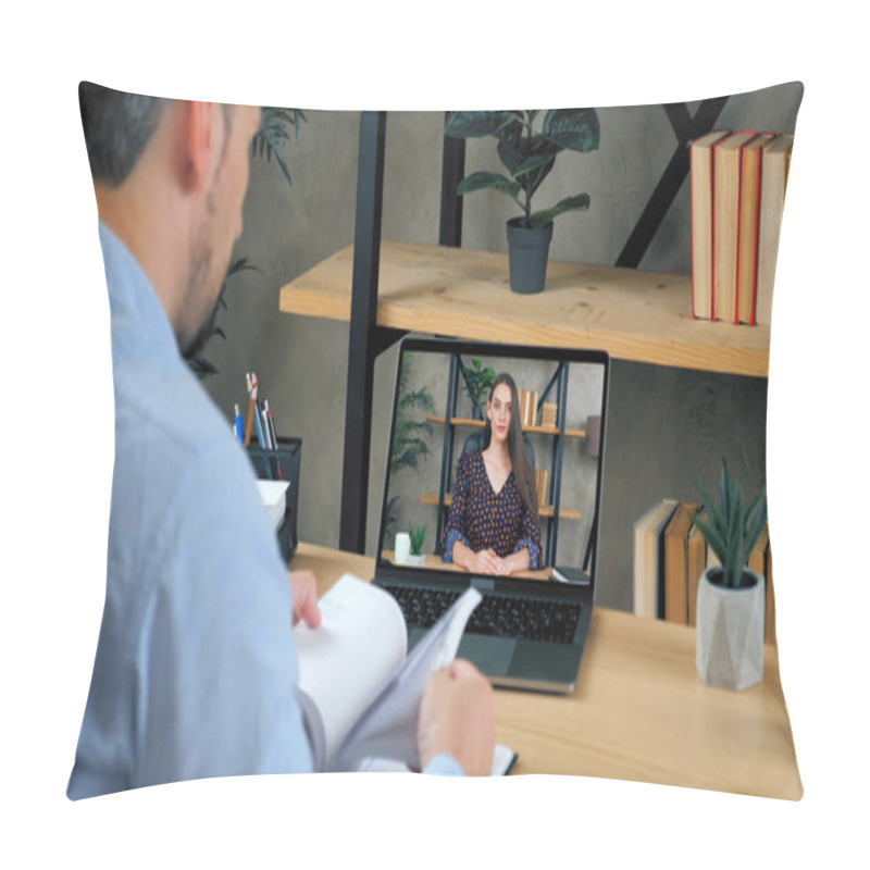 Personality  Businessman Search Information In Notebook Talk With Top Manager Company Online Pillow Covers