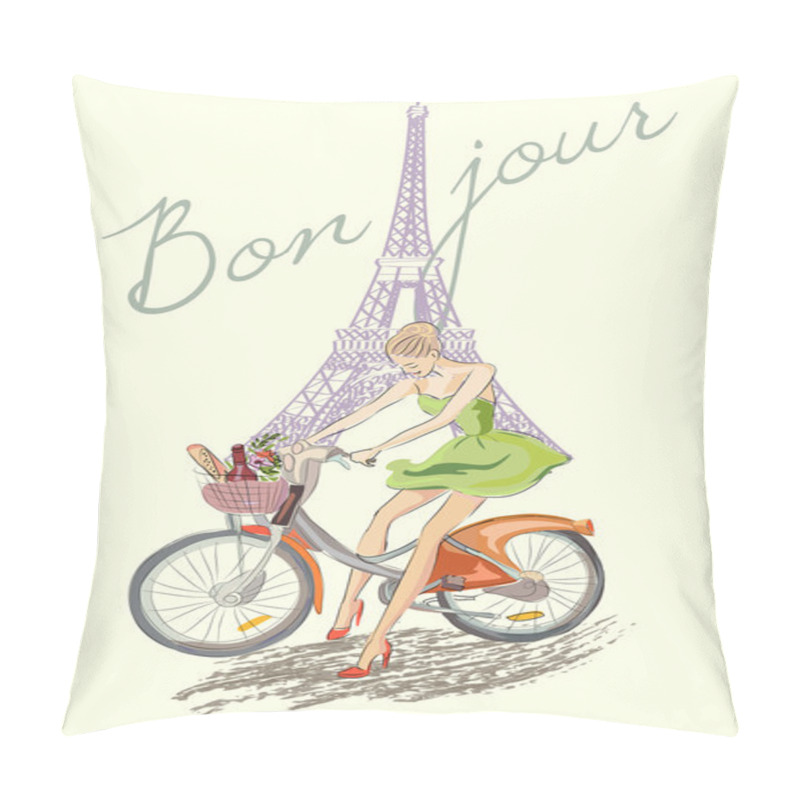 Personality  Fashion Girl On The Bike Near Eiffel Tower Pillow Covers