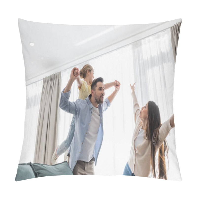 Personality  Happy Family Imitating Flying While Having Fun At Home Pillow Covers