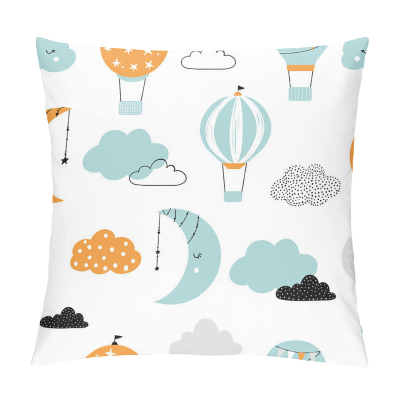 Personality  Vector Hand-drawn Seamless Repeating Children Simple Pattern With Air Balloons, Clouds And Moons In Scandinavian Style On A White Background. Kids Pattern With Air Balloons. Funny Transport. Pillow Covers