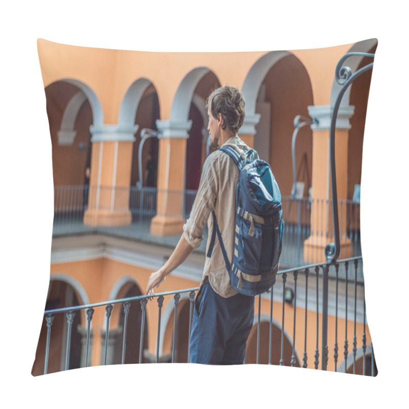 Personality  Male Tourist In The Biblioteca Palafoxiana Palafoxiana Library, Puebla, Mexico. Cultural Exploration, History, And Travel Experience Concept. Pillow Covers