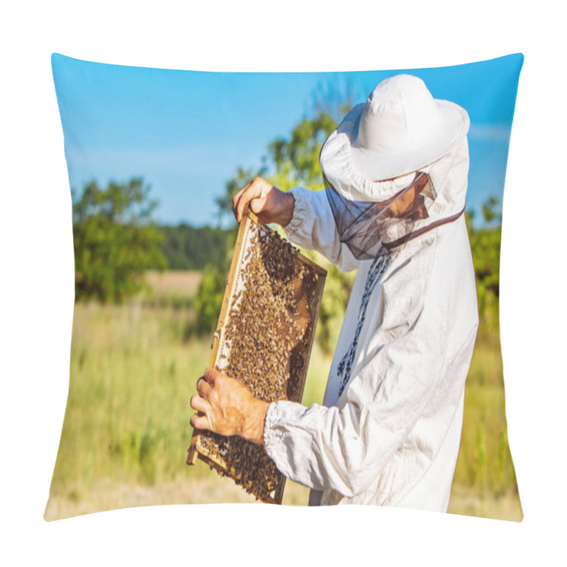 Personality  Beekeeper Working With Bees In His Apiary. Bees On Honeycombs. Frames Of A Bee Hive Pillow Covers